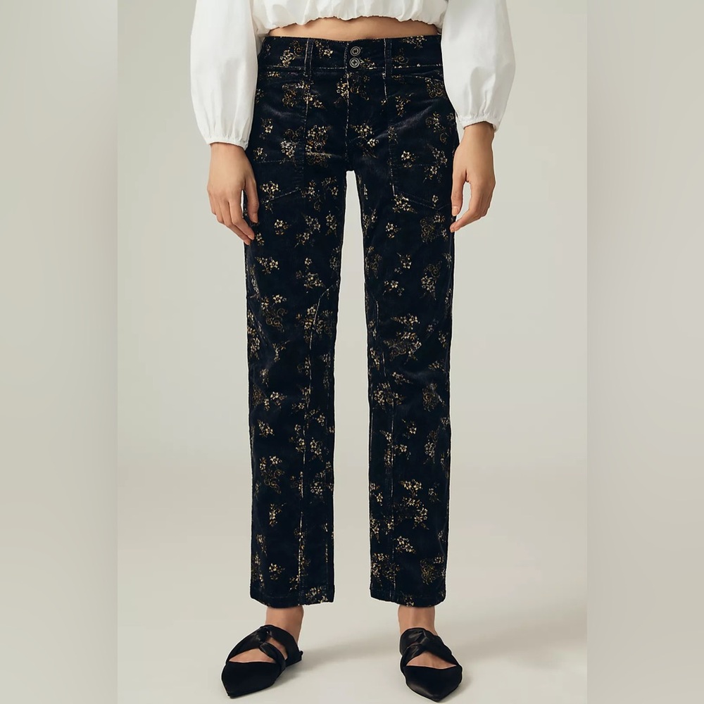 Pilcro Black Corduroy Floral Straight Leg Elevated Statement Pants - Picture 4 of 13
